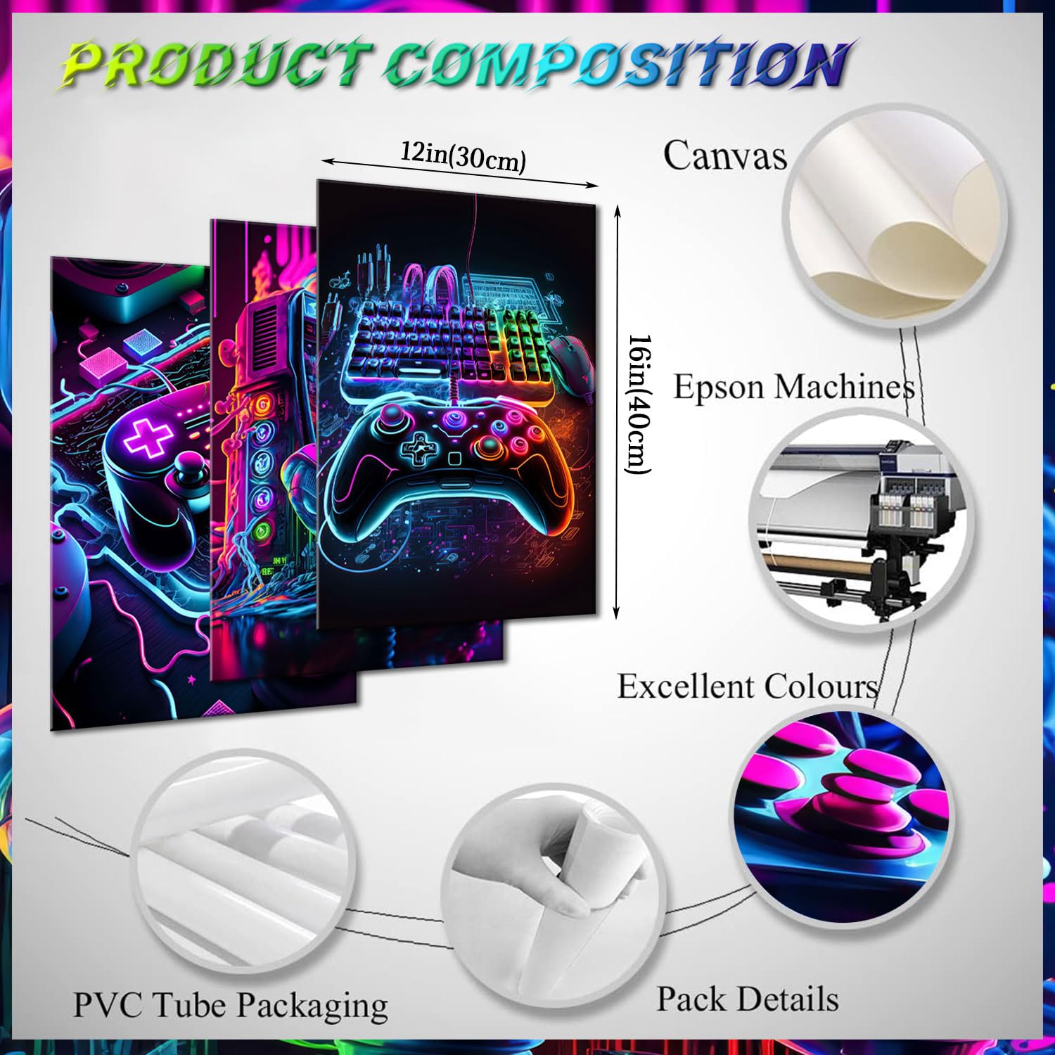 Bgfce 3Pcs Game Room Decor Neon Gaming Posters Wall Art Gamer Accessories Theme Canvas Print Game Console Painting Picture For C