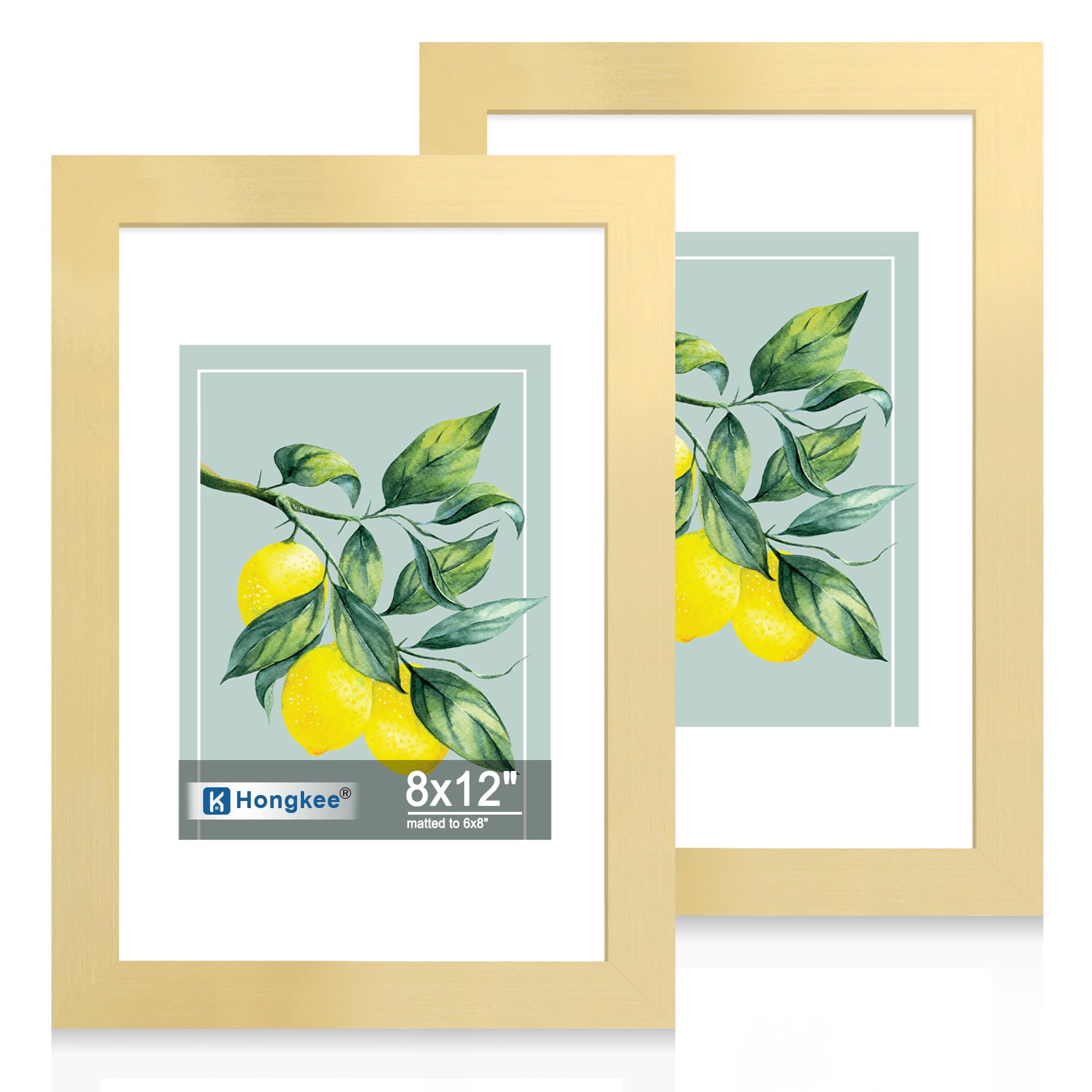 Hongkee 8x12 Picture Frame Set of 2, Made of Real Glass and Gold Wooden Frame - Display Pictures 6x8 with Mat or 8x12 Without Ma