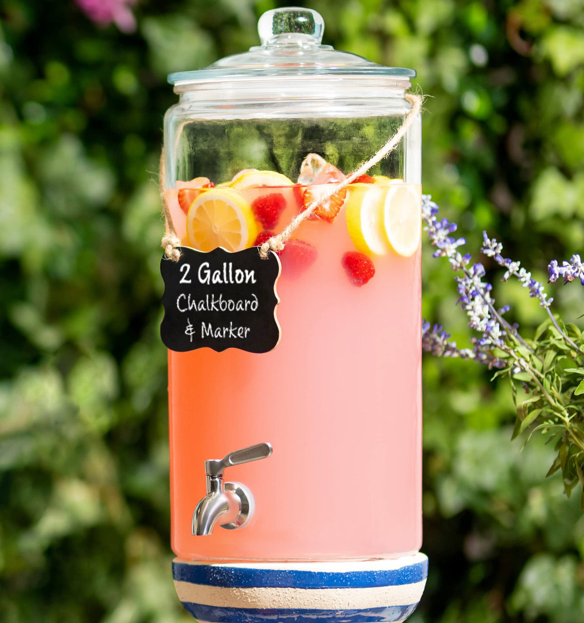 2 Gallon Beverage Serveware With Stainless Steel Spigot + Marker & Chalkboard 100% Leakproof Glass Drink Dispenser For Parties W