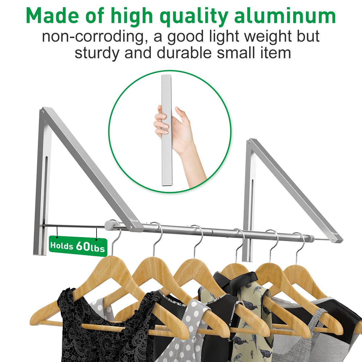 Anjuer Laundry Room Drying Rack Wall Mounted clothes Hanger Folding Wall coat Racks Aluminum Home Storage Organiser Space Savers Silver 2 Rakcs with Rod