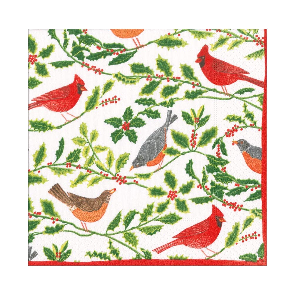 Songbirds And Holly Paper Luncheon Napkins In White - 20 Per Package