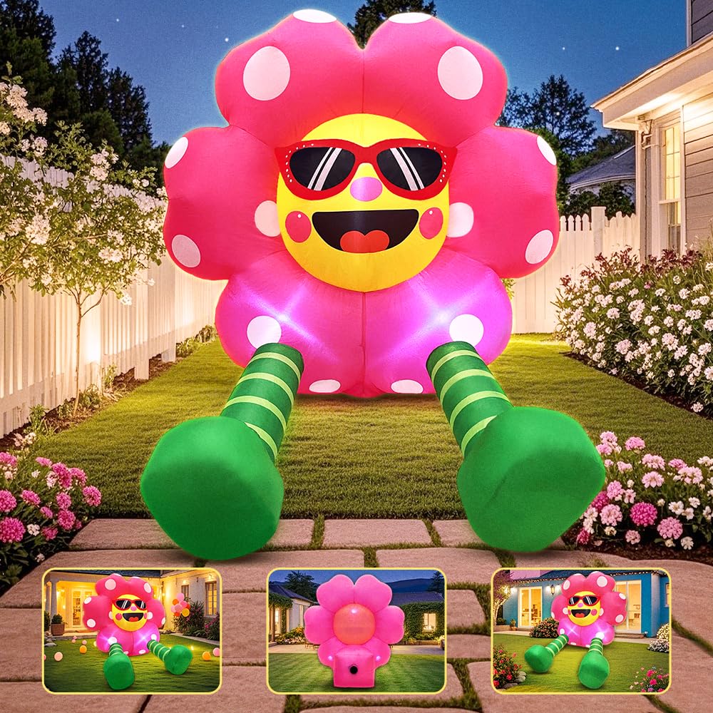 4FT Summer Inflatable Sunflower Outdoor Decoration Blow up Flower Yard Decoration, Built-in LED Lights for Summer Easter Yard Ga