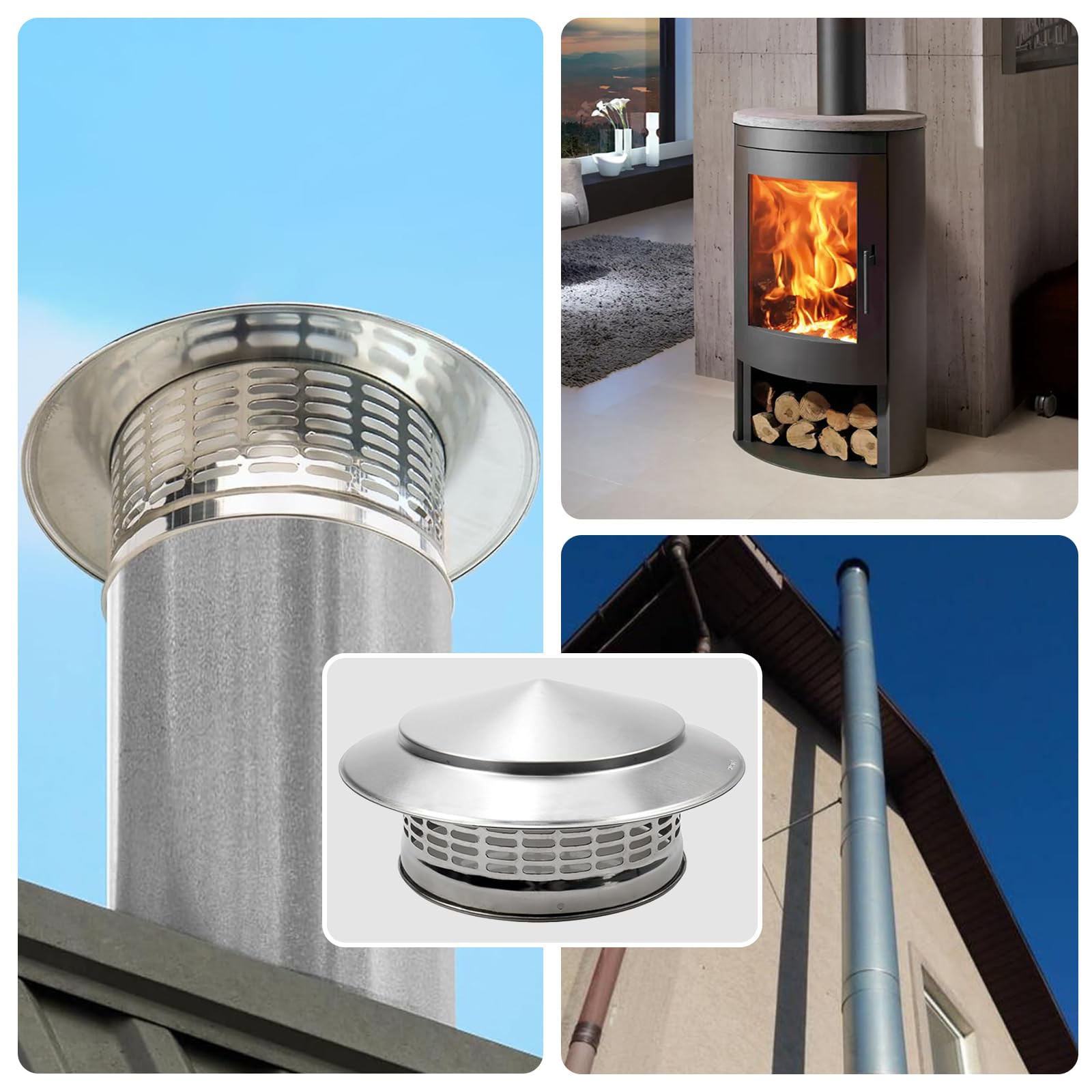 Antrader 7.87 Inch Round Stainless Steel Chimney Cap, Cone Top Chimney Cap Round Chimney Cap Chimney Cover Cap Chimney Cover Out