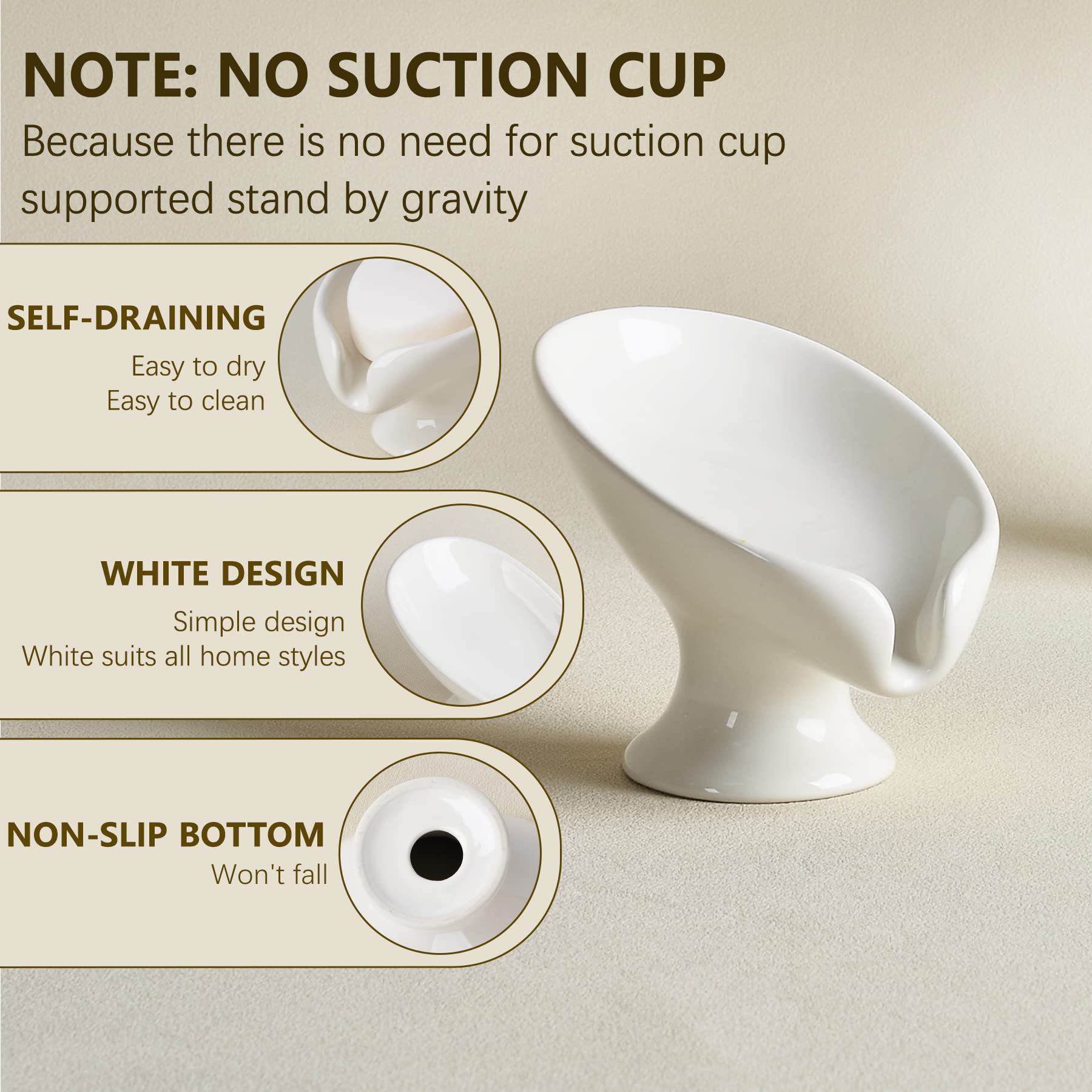 Soap Dish 2Pack, Ceramic Soap Holder Self Draining Cream White Leaf-Shape Soap Dishes For Bathroom Kitchen, Bar Soap Holder, Eas