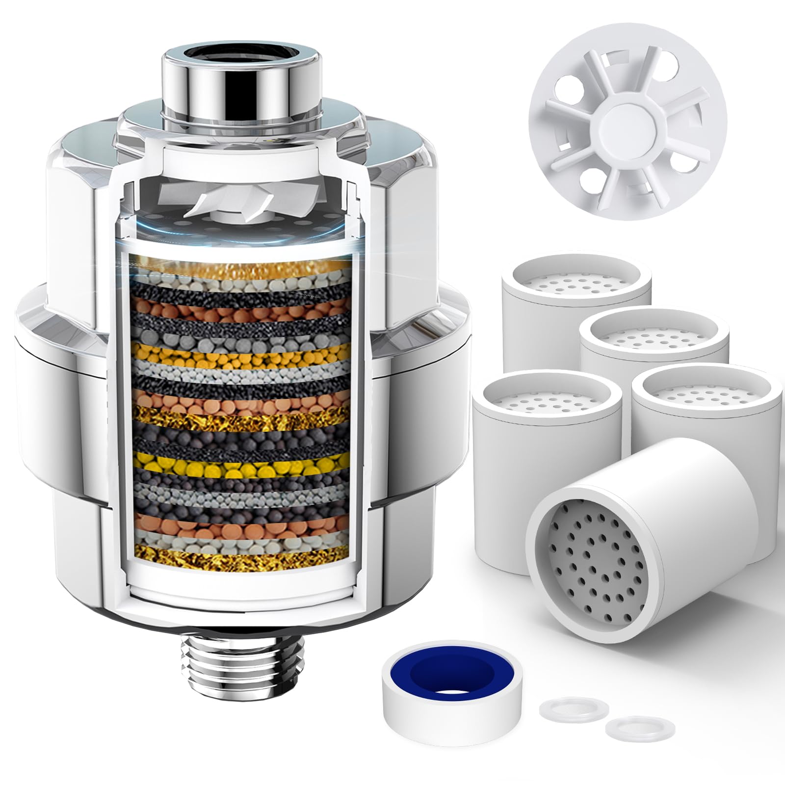 Sr Sun Rise 20-Stage Shower Head Filter - Hard Water Filter With 5 Replaceable Cartridges, Removes Chlorine, Fluoride, Heavy Met