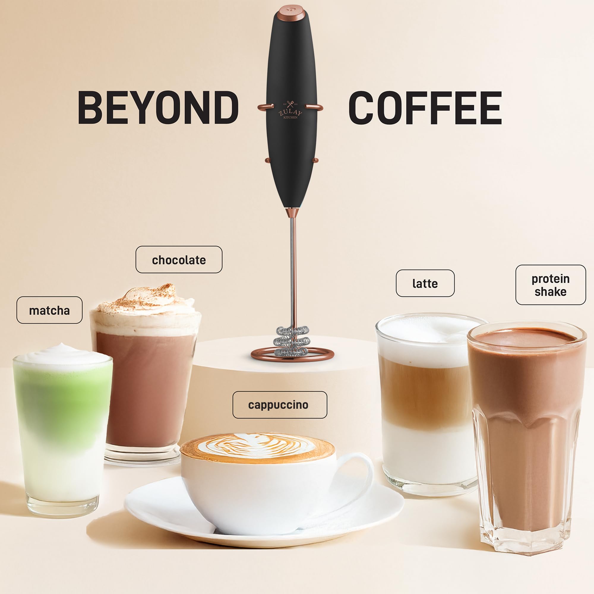 Zulay Kitchen Patented Tornado Triple Whisk Milk Frother with 4 Duracell Batteries - Handheld Foam Maker for Coffee, Lattes, Mat