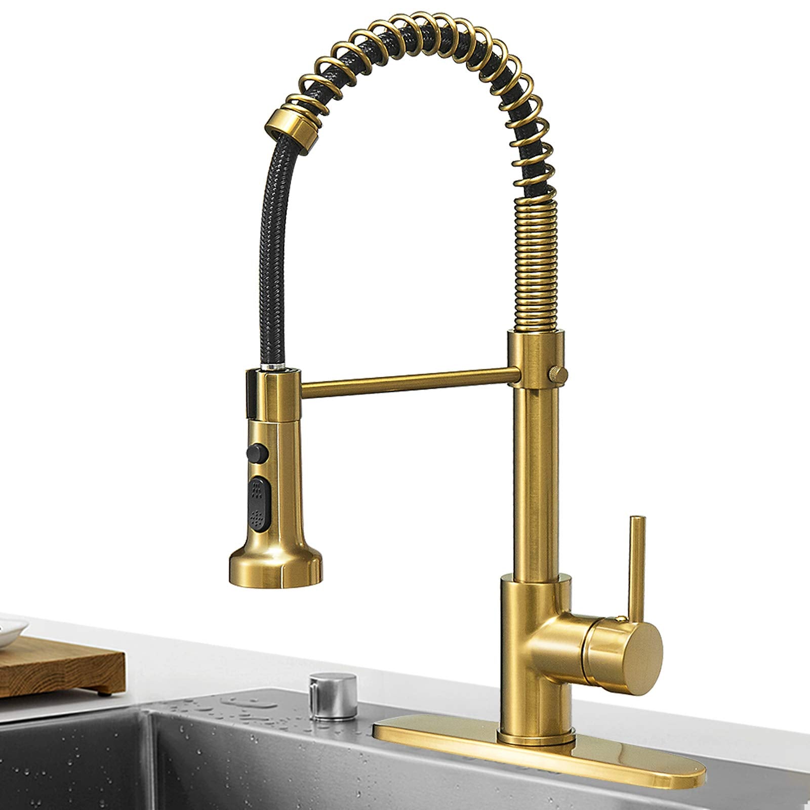 Hoimpro Brushed Gold High Arc Spring Kitchen Faucet With Pull Down Sprayer, Commercial Rv Single Lever Kitchen Sink Faucet ,3 Fu