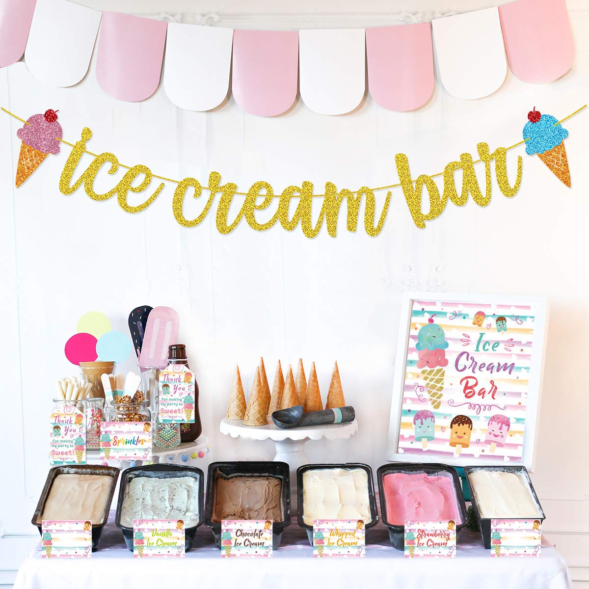 Ice Cream Bar Decorations Kit Gold Glitter Banner Ice Cream Sundae Bar Table Sign Food Tents Labels Thank You Cards Tags For Sum