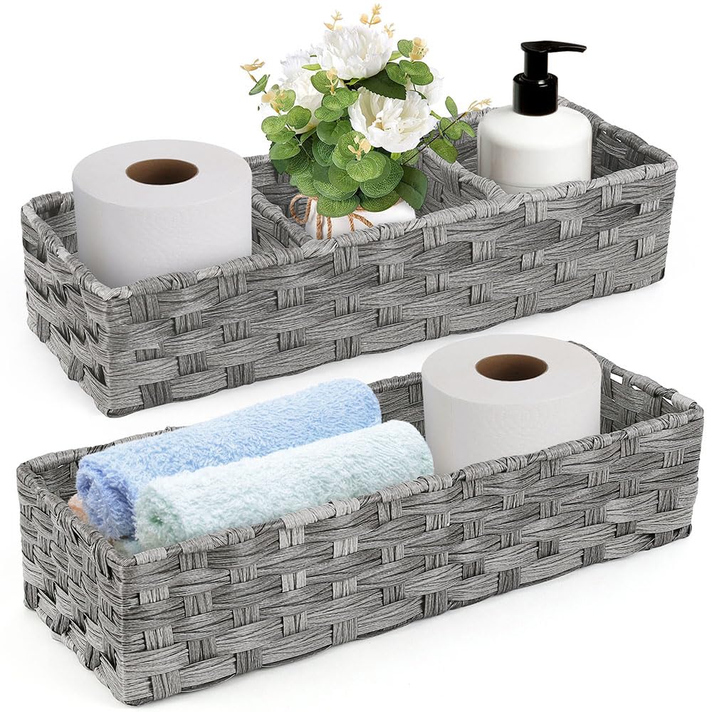 LotFancy Toilet Paper Storage Basket, 2 Pack Woven Toilet Tank Topper Basket, Back of Toilet Storage Basket, Rustic Farmhouse Ba