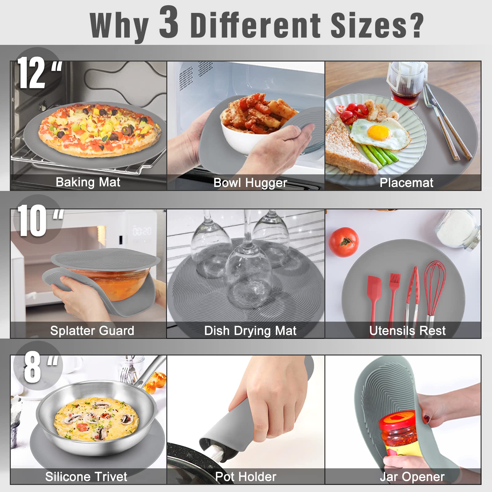 Koomall 12 10 8 Inch Multi-Use Microwave Mat, Trivet, Pot Holders, Drying, Baking, Place Mat, Utensils Rest, Silicone Cover Pad