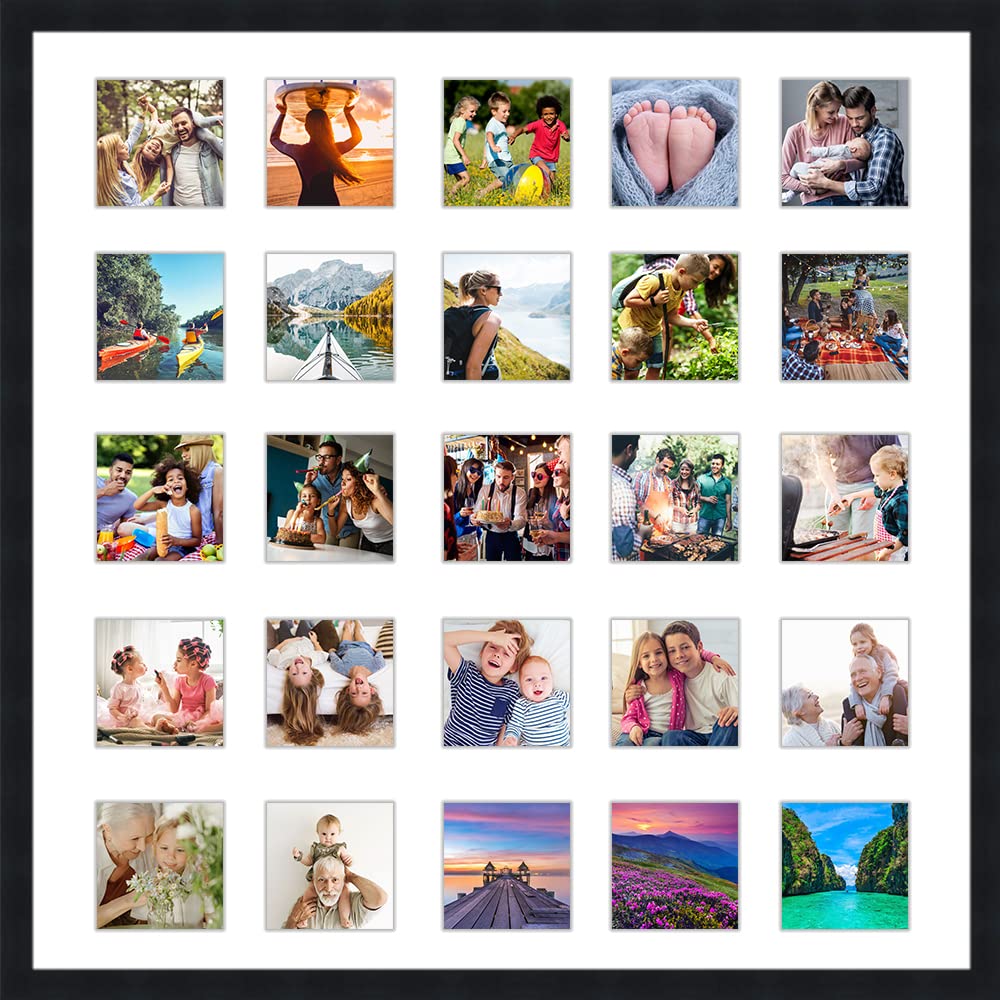 CountryArtHouse Black Collage Frame With Mat - 22x22 Solid Wood Frame For (25) 4 x 4 Photos - Black Matted Instagram 4x4 Collage