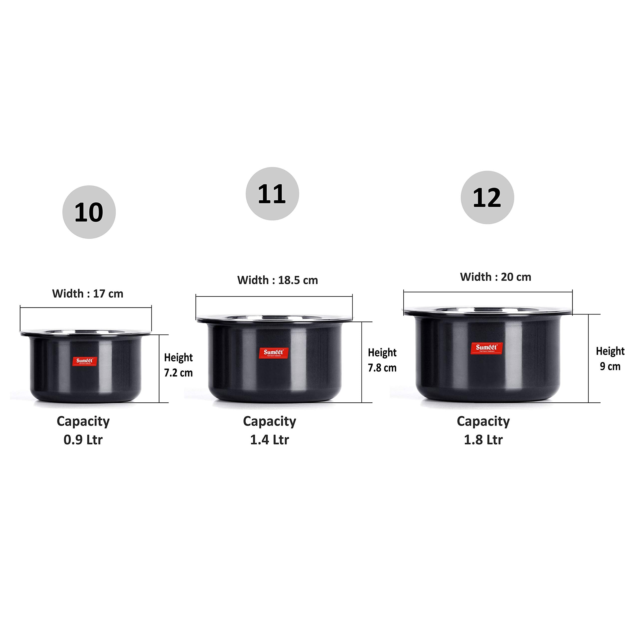 Sumeet Aluminium Cookware Set With Lid, 0.9 LTR, 1.4 LTR, 1.8 LTR, 3 Piece top, 3 piece lid (Black)