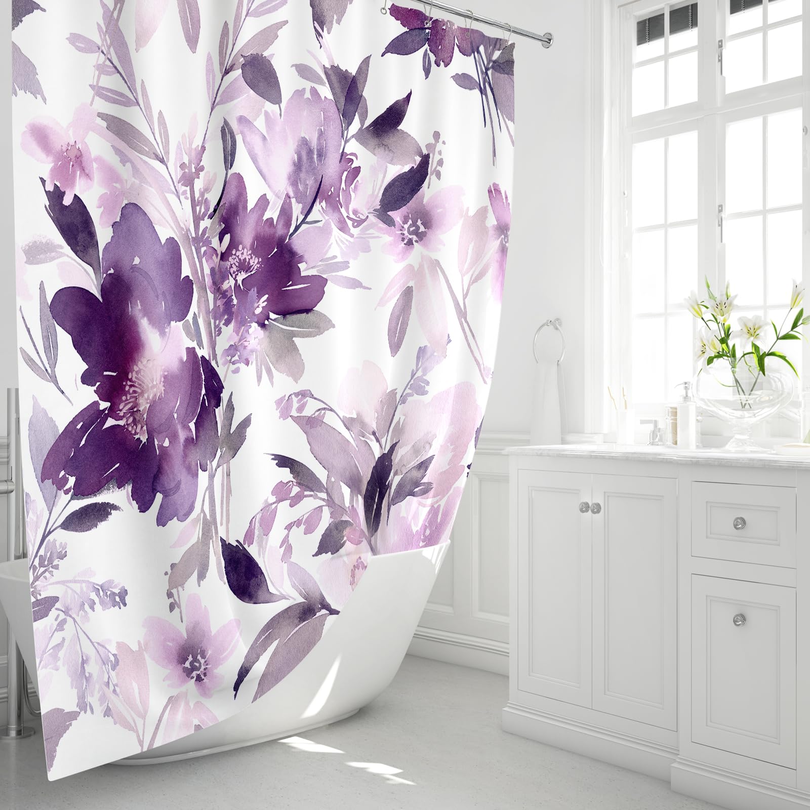 Mayzus Small Stall Shower Curtain 36 X 72 Inch, Half Narrow Watercolor Floral Fabric Shower Curtain, Modern Abstract Purple Flow