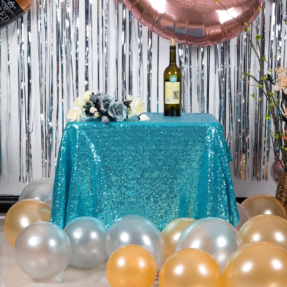 Jyflzq Turquoise Sequin Tablecloth 50 X 50 Square Sparkly Drape Table Cloths Table Cover Overlay For Wedding Birthday Party Baby