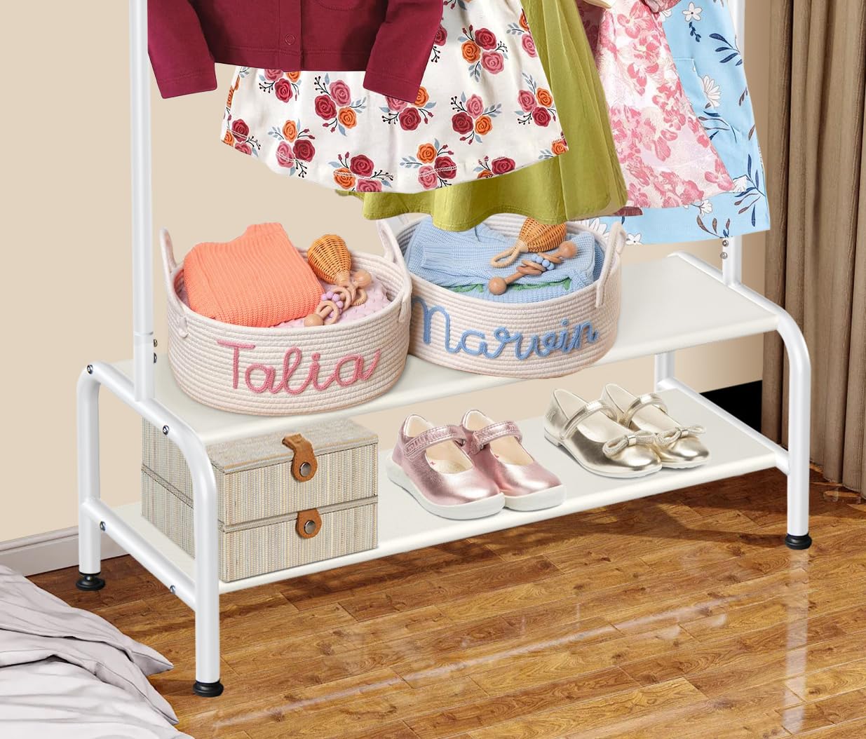 Kids Clothing Rack - Kids Dress Up Clothes Storage Racks - Baby Toddler Closet - Freestanding Coat Rack With 2 Fabric Shelves -