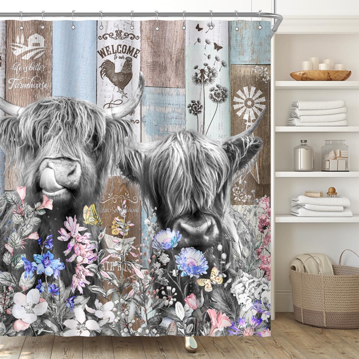 Biysuc Farmhouse Cow Shower Curtain Rustic Funny Highland Cattle Wildflower Windmill Farm Wildlife Animal Wooden Board Country B