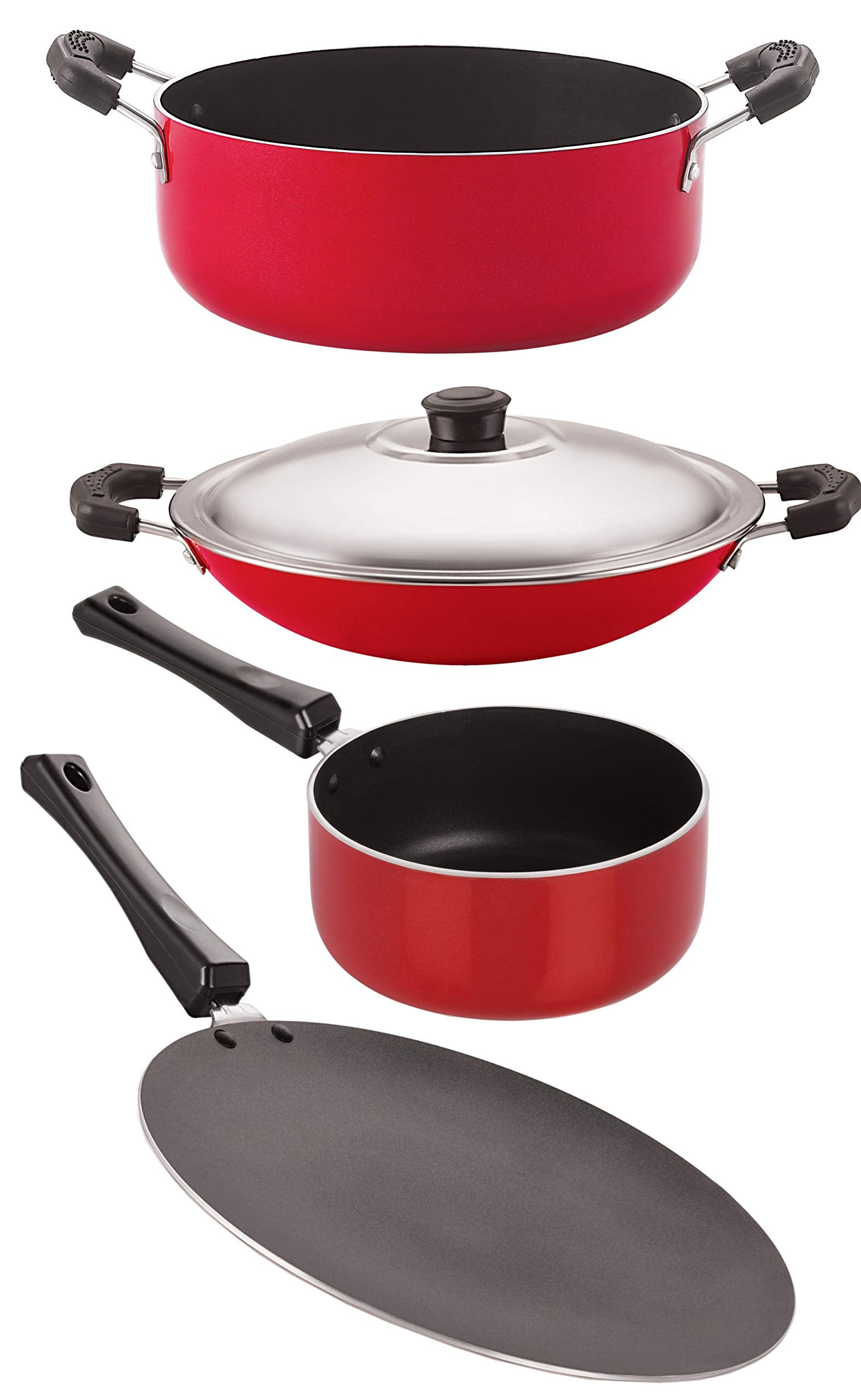 Nirlon NonToxic Oil Free Nonstick Cookware Essential Gift 4 Pieces Set With Bakelite Handle (1 Concave Tawa 27.5Cm /1 Sauce Pan