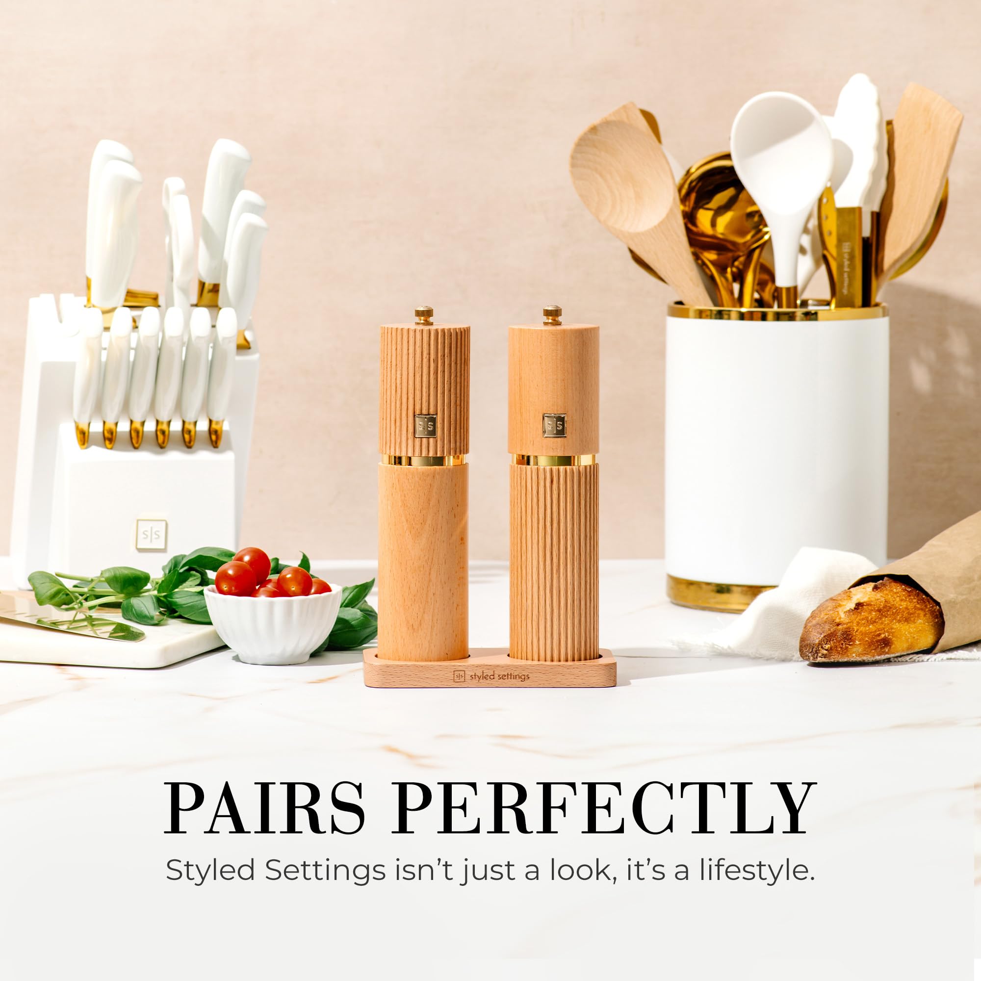 Styled Settings Wooden Salt And Pepper Grinder Set With Gold Accents - Refillable Wooden Manual Salt And Pepper Mill Set With Ad