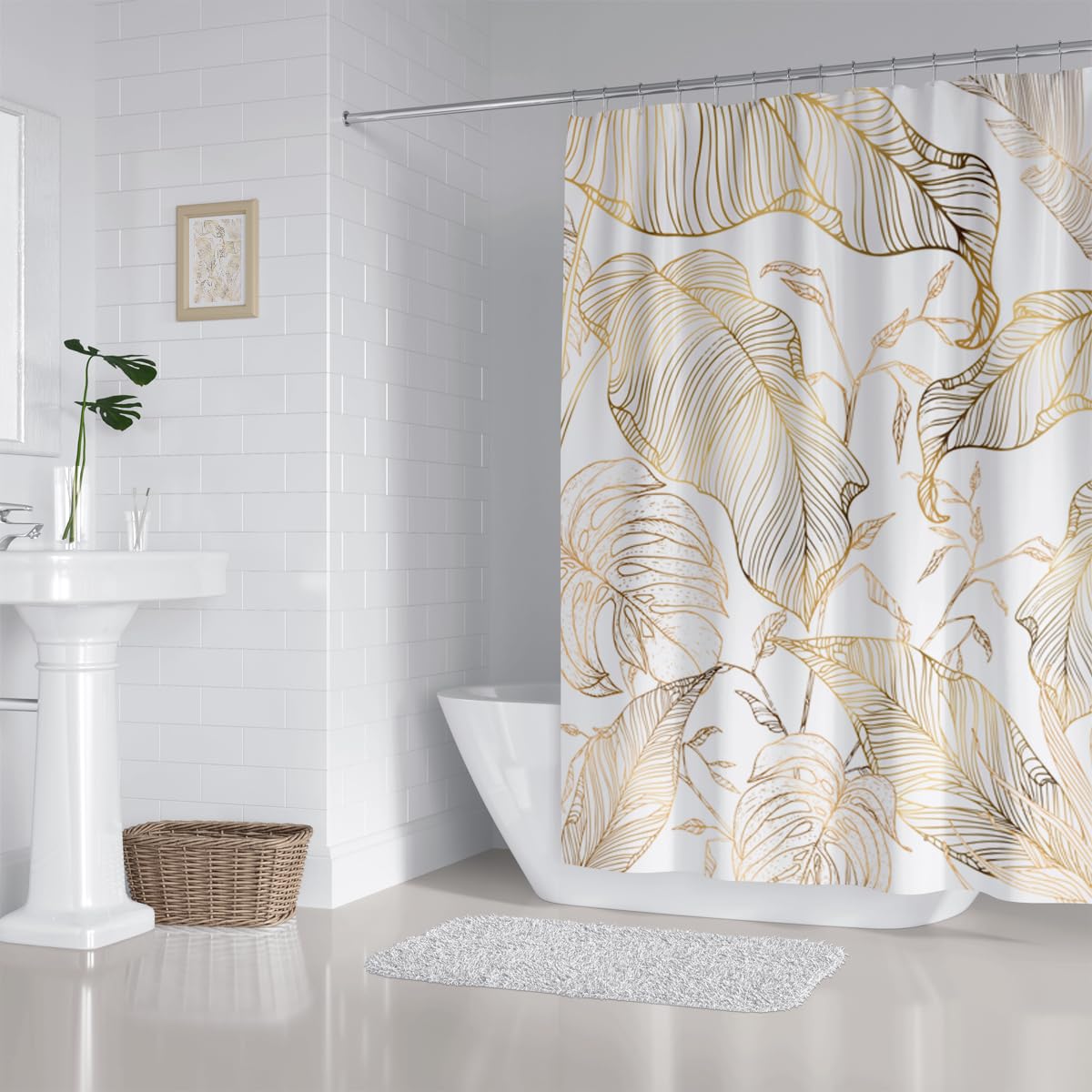 Zxmbf White Gold Tropical Palm Leaves Shower Curtain Abstract Banana Leaf Copper Chic Modern Botanical Plant Nature Aesthetic Ba