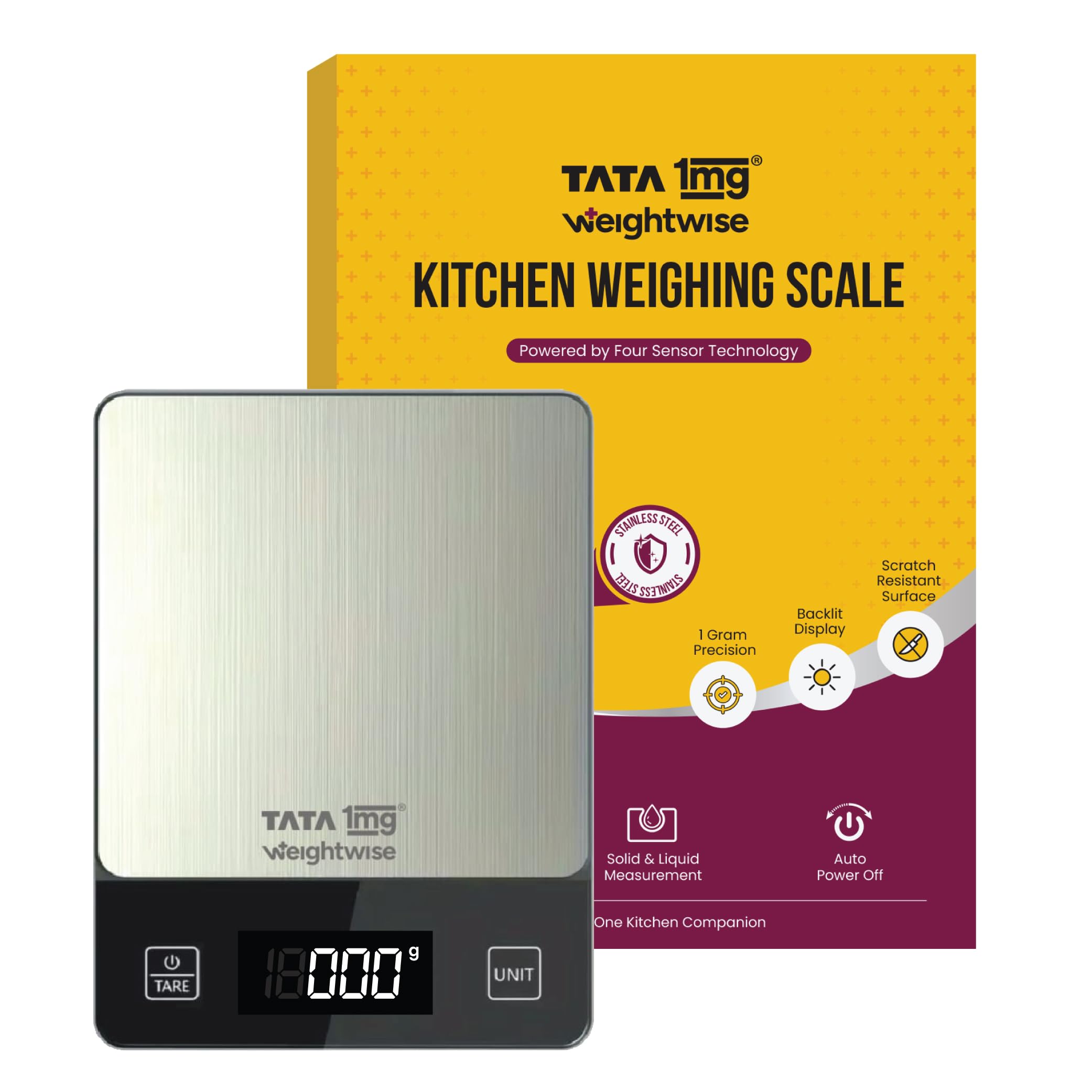 Tata 1Mg Weightwise Kitchen Weighing Scale | 1G Precision | Stainless Steel | Max Capacity 5 Kg | Auto Power-Off Feature | Ideal