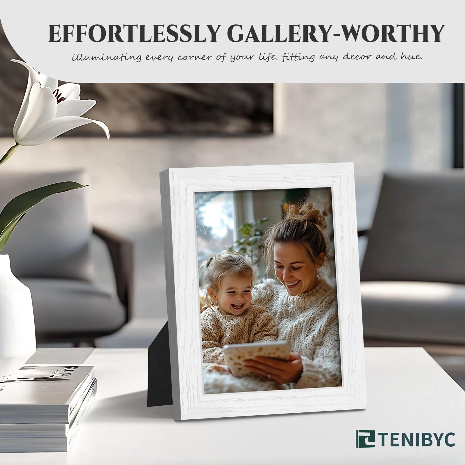 TENIBYC 5x7 Picture Frame Set of 4 - White, Wood Photo Frame, HD Tempered Glass, Table Display or Wall Hanging, Gift for Friend