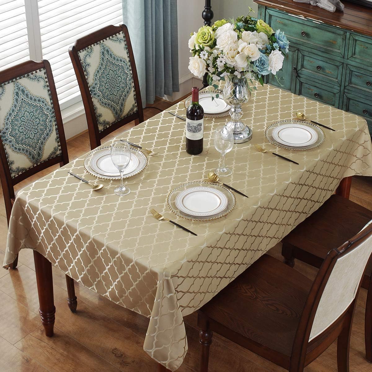 Sastybale Jacquard Tablecloth Flower Patterns Polyester Table Cloth Spill Proof Wrinkle Resistant Table Cover For Kitchen Dining