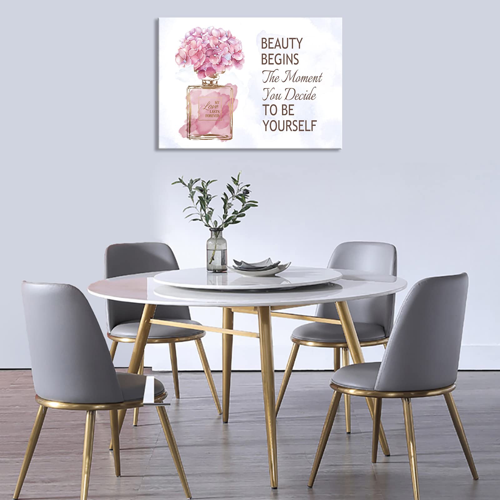 arteWOODS Fashioner Perfume Canvas Wall Art Gold Bottle Pink Flower Canvas Pictures Brown Inspirational Words Canvas Prints Motivational Quetos Wall Decor for Bathroom Bedroom Powder Room 28'' X 20''