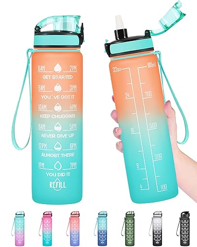Enerbone 32 oz Water Bottle  Leakproof BPA & Toxic Free  Motivational Water Bottle with Times to Drink and Straw  Fitness Sports Water Bottle with Strap for Office  Gym  Outdoor Sports  Orange-Green