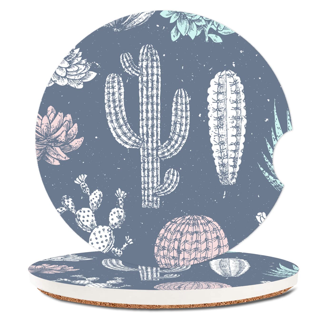 Absorbent Car Cupholder Coaster 2 Pack, Ceramic Stone Coaster With A Finger Notch For Women  Lady, Cork Base Drink Coasters 256