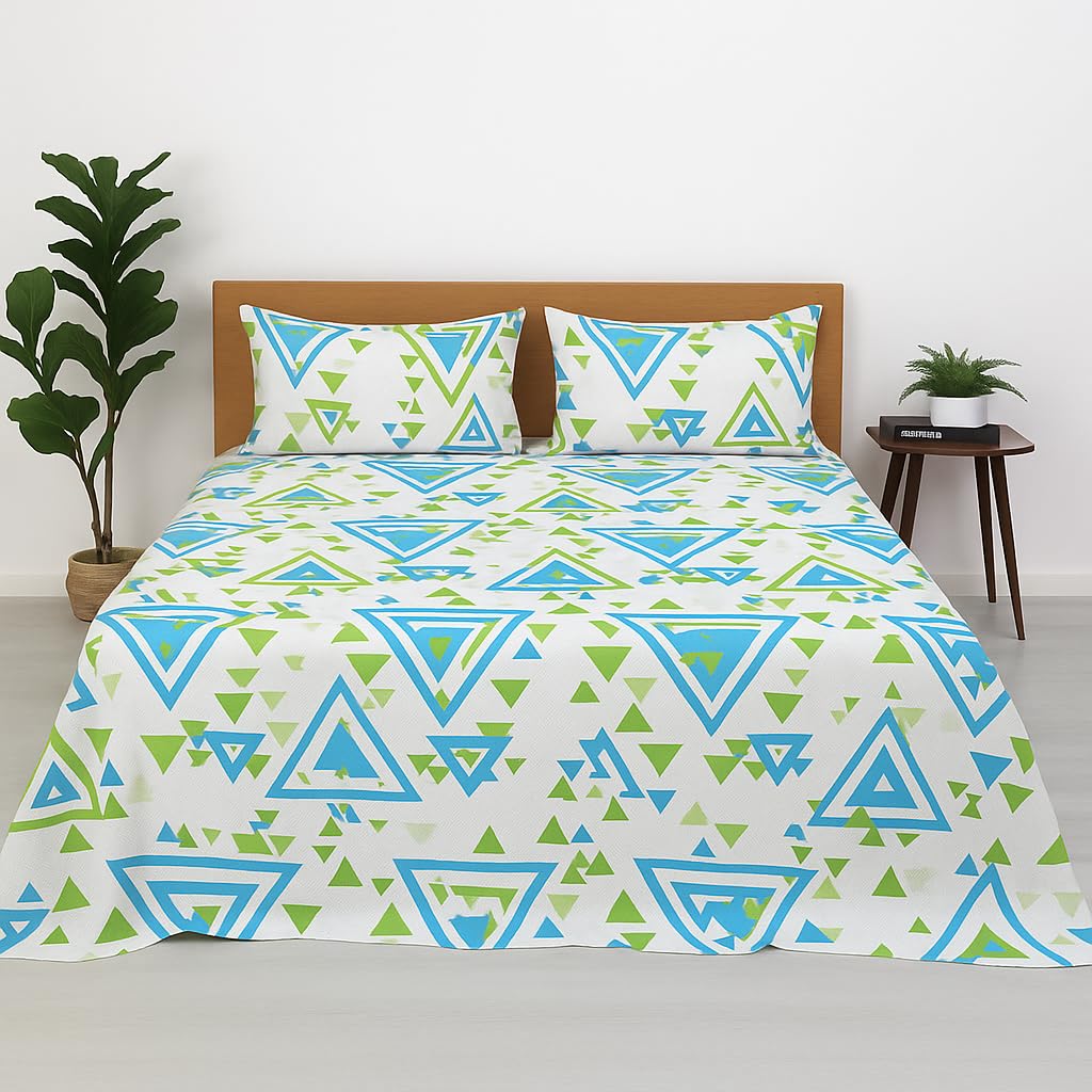 Bhoomi Impex Cotton Bedsheet For Double Bed - Flat Bed Sheet With Pillow Cover - Soft & Breathable Cotton - Geometric Lime & Tea