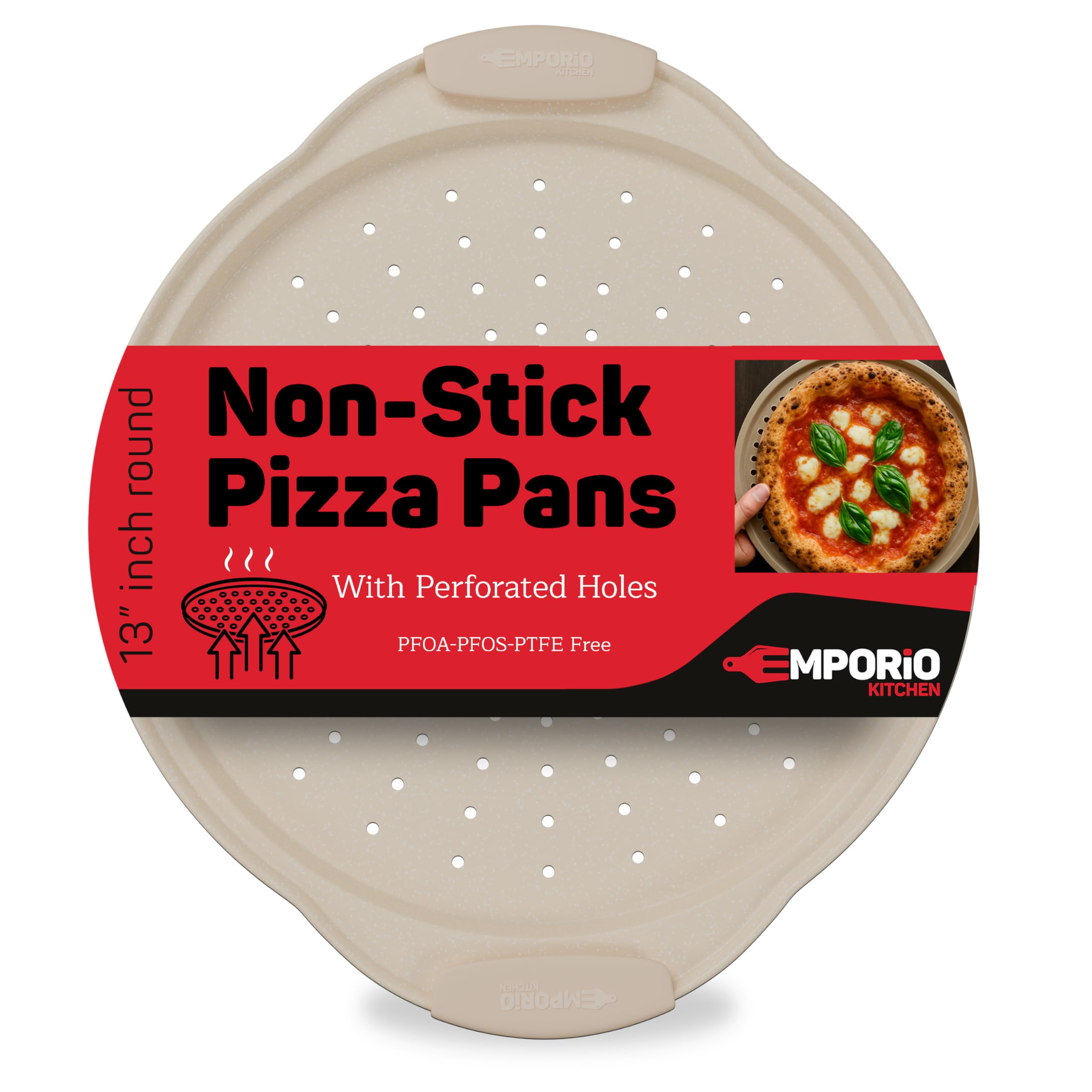 NonStick Pizza Pan with Silicone Handle 1 Pack, 13 Inch Round Carbon Steel Tray with Perforated Holes, Dishwasher & Oven Safe U