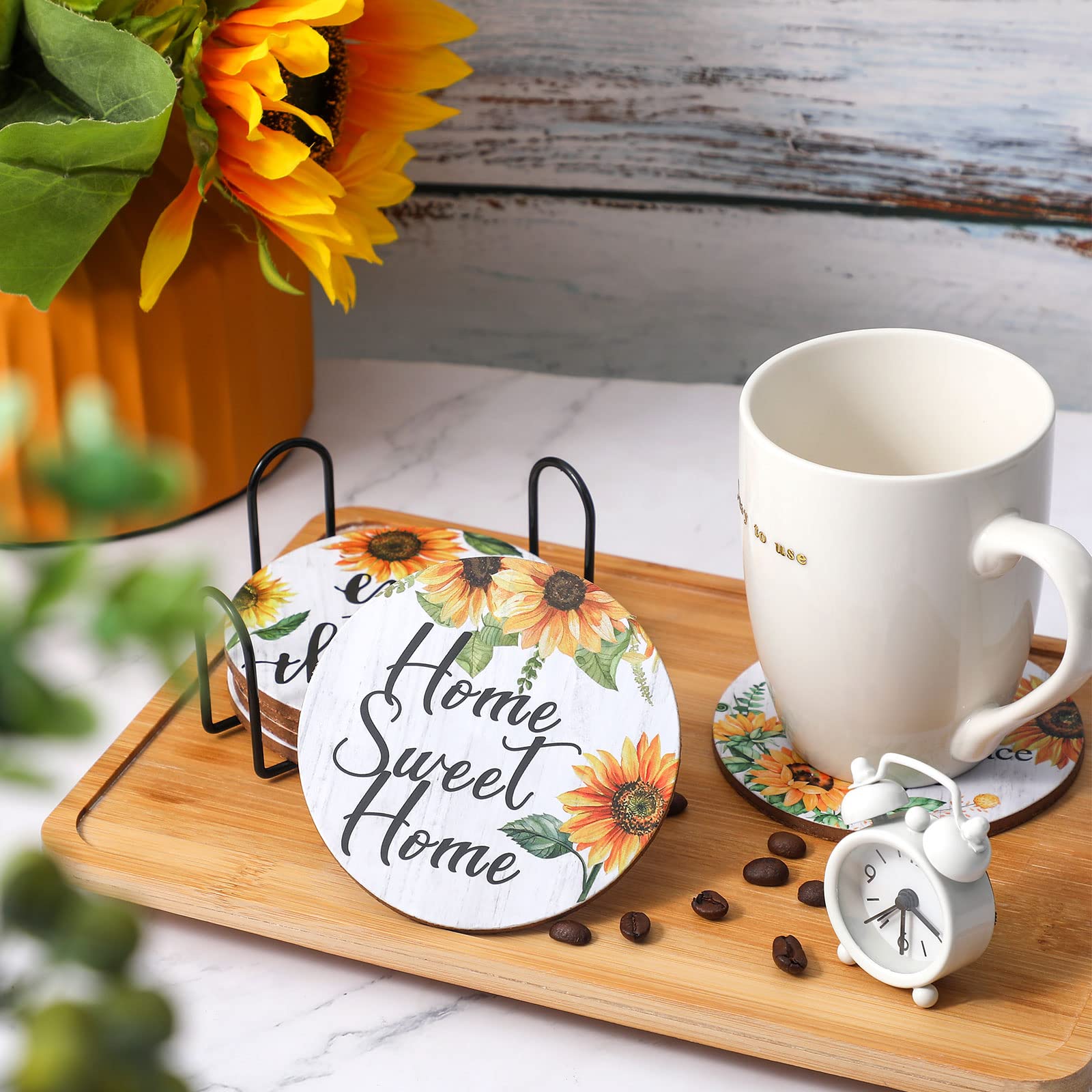 Chengu 6 Pieces Vintage Sunflower Drink Coasters With Holder Absorbent Coaster Sunflower Wood Drink Coasters Thank You Gifts For