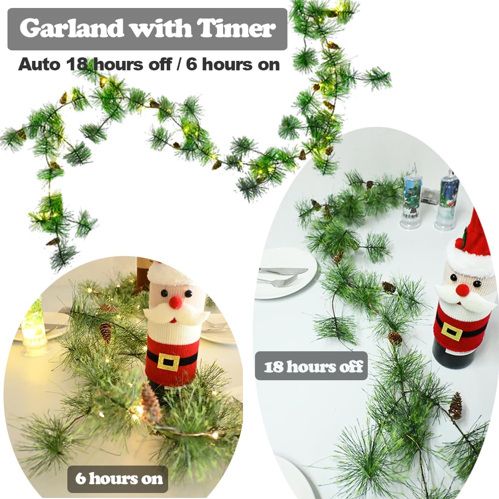 HamiFinee Christmas Garland with LED Fairy Lights 13FT Battery Operated Smokey Pine Garlands with 8 Flash Modes and Timer Pine C