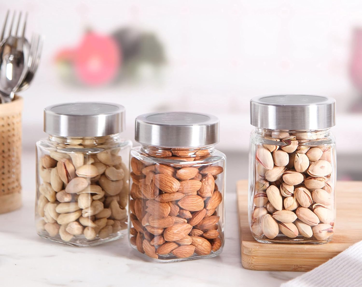 Jirly Glass Jars With Airtight Lids Wide Mouth Square Storage Canister Jars Kitchen Storage Buckle & Steel Lid Canning Jar Dry F