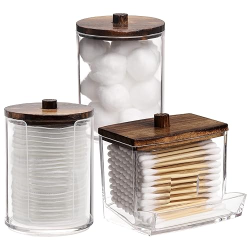Tbestmax Bathroom Organizer Accessories Set-10 OZ 7 OZ Qtips Holder Storage with Wood Lids  Cotton Ball/Swabs Dispenser  Apothecary Container Jar 3 Pcs