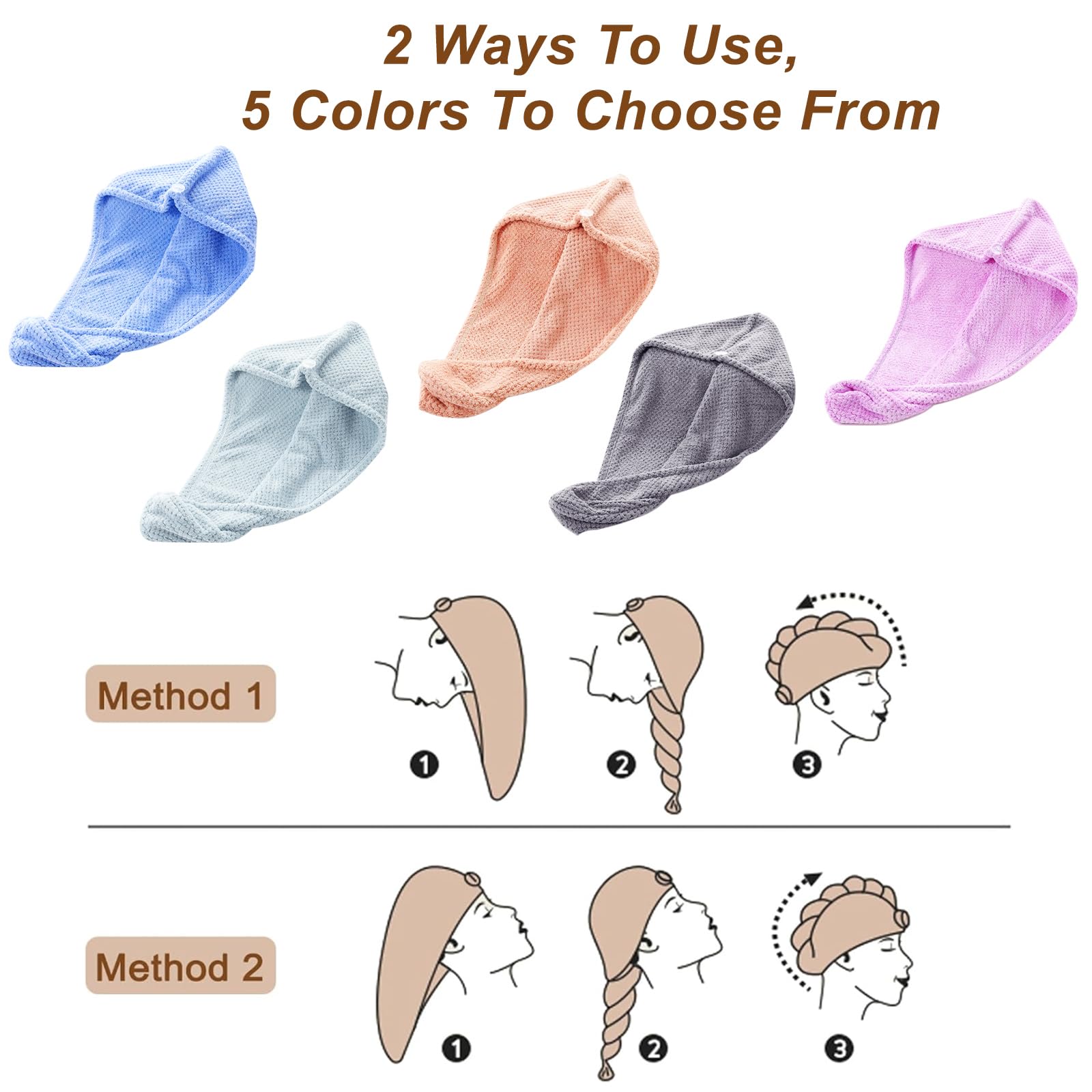Kldnkig Microfiber Hair Towel Wrap, 5 Pack Soft Hair Drying Towel with Elastic Band, Drying Hair Wrap Towels for Curly, Hair Tow