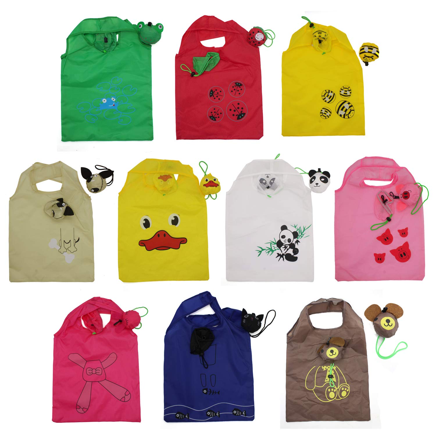 Yuyikes 10Pcs Folding Shopping Bags Reusable Shopping Tote Bags Compact Eco Periodic Duty Recycling Use Shopping Bags (Animals)