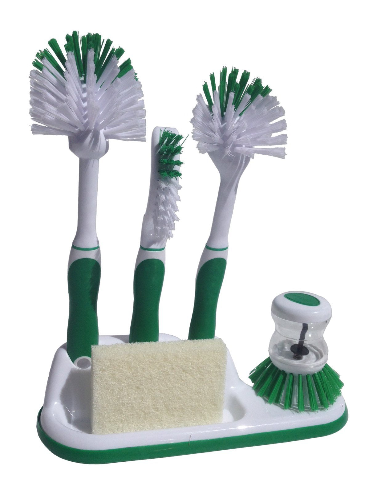 Powerstone 6-Piece Green Cleaning Brush Set - Includes 4 Brushes, Sponge Scrub & Holding Tray | Durable & Long-Handled | Ideal F