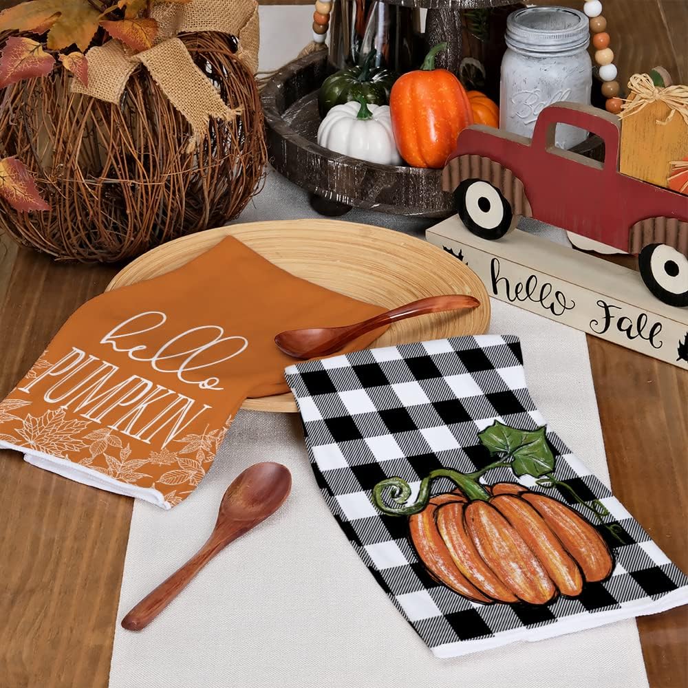 Arkeny Pumpkin Fall Kitchen Towels Set Of 2,Maple Leaves Autumn Dish Towels 18X26 Inch,Farmhouse Home Indoor Thanksgiving Harves