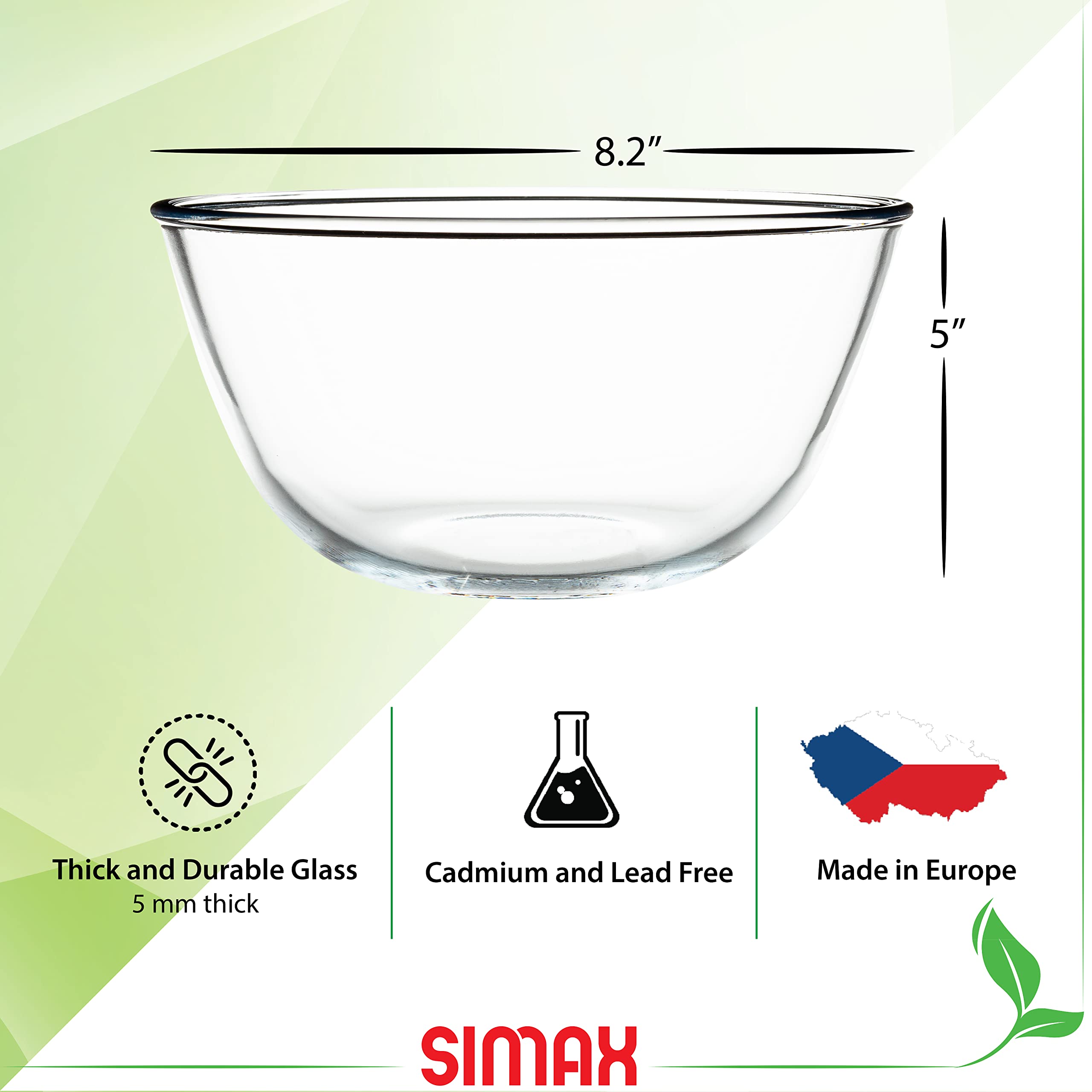 Simax 1.8 Quart Glass Mixing Bowls: Clear Glass Bowl - Kitchen Bowls use as Cooking Bowls - Baking Bowls - Microwave & Oven Safe Bowls - Mixing Bowls for Kitchen - Small Bowl for Salad. Prep & Serving