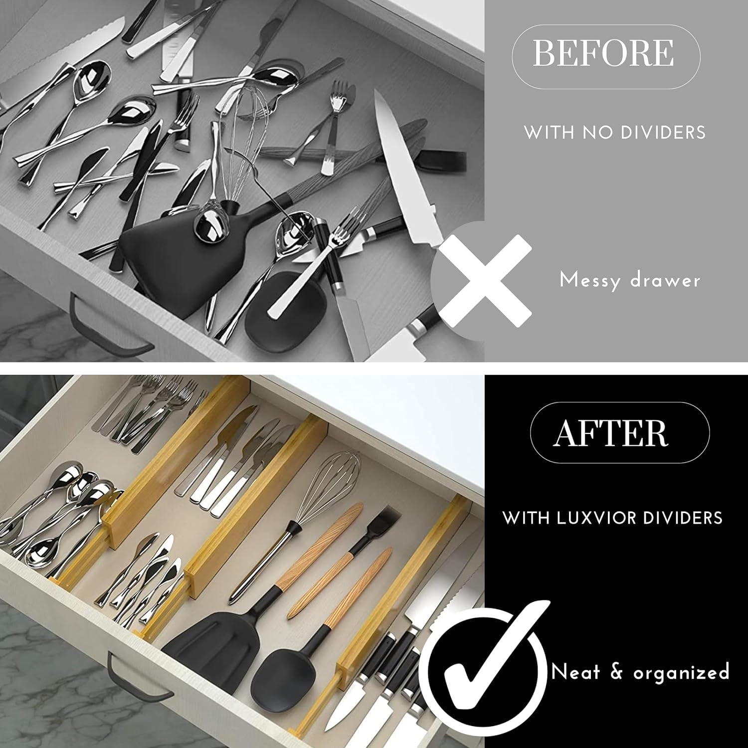LUXVIOR Expandable Bamboo Drawer Dividers 8 pack with labels(17.5''-22'') Drawer Organizer for Kitchen, Clothes,Utensils,Silverw