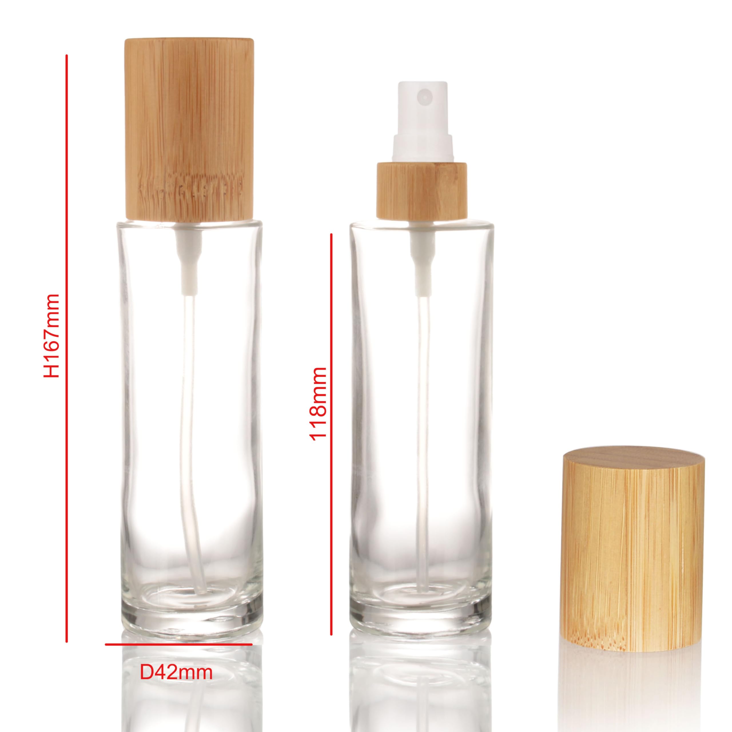 Cosidea 4 Pcs Empty 3.3Oz / 100Ml Bamboo Lid Clear Glass Spray Bottle With Fine Mist Despenser Head For Liquid Perfume Toiletrie