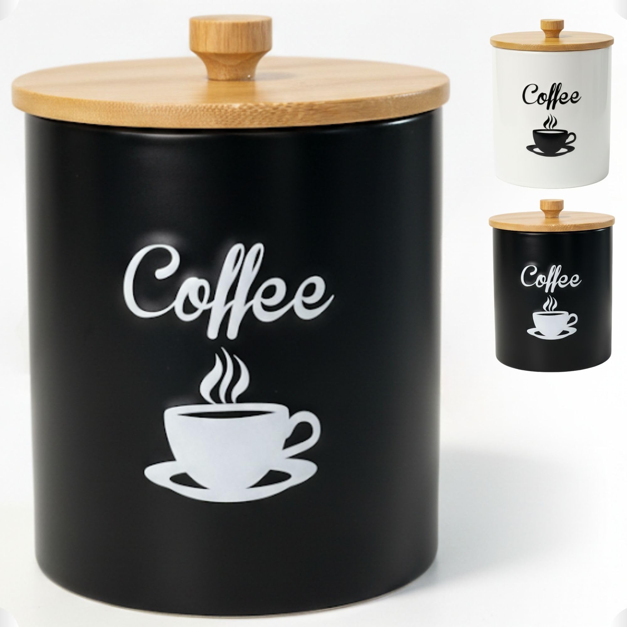 Ceramic Coffee Canister, 12oz, Airtight RubberLined Bamboo Lid, 5D x 6H