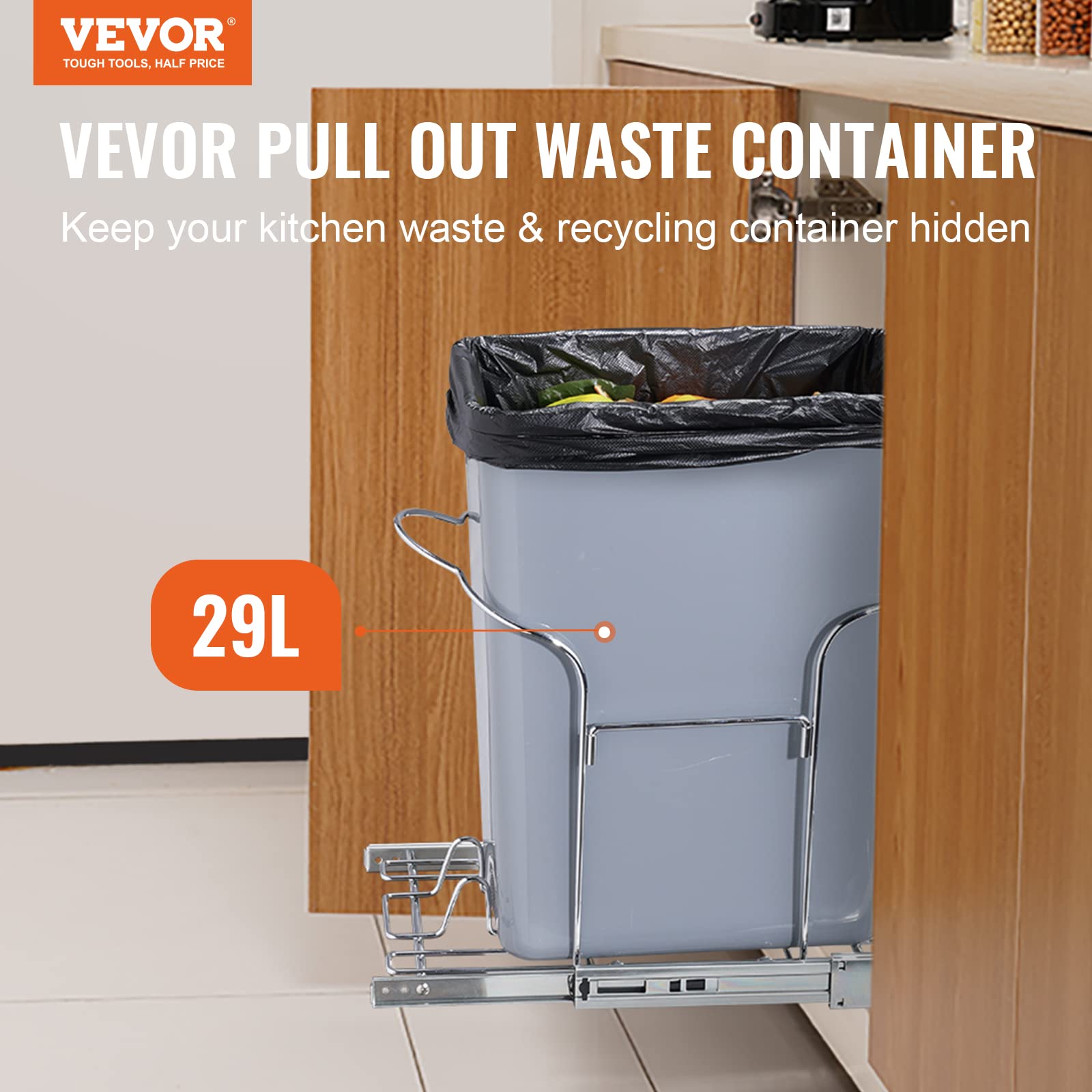 Vevor Pull-Out Trash Can, 29L Single Bin, Under Mount Kitchen Waste Container With Slide And Handle, 110 Lbs Load Capacity Heavy