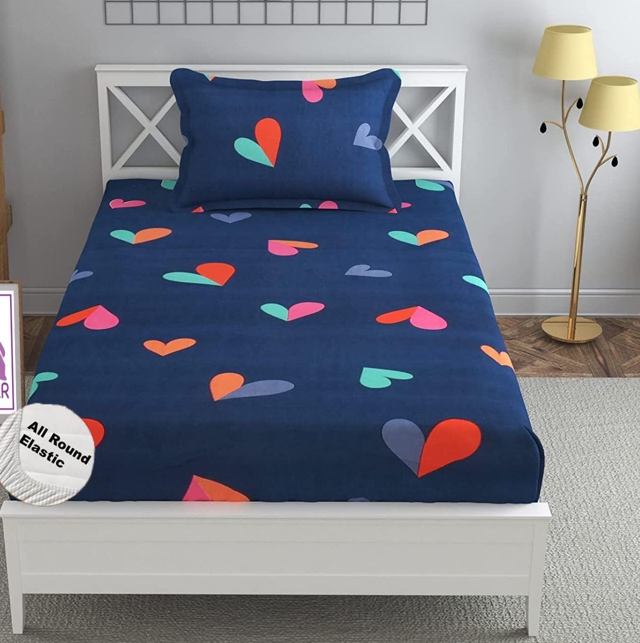 Kawi Geometric 200 Tc Single Bedsheet Elastic Fitted Glace Cotton With 1 Pillow Cover (72X 48Xup To 8 Inche Mattress) Navy Blue 