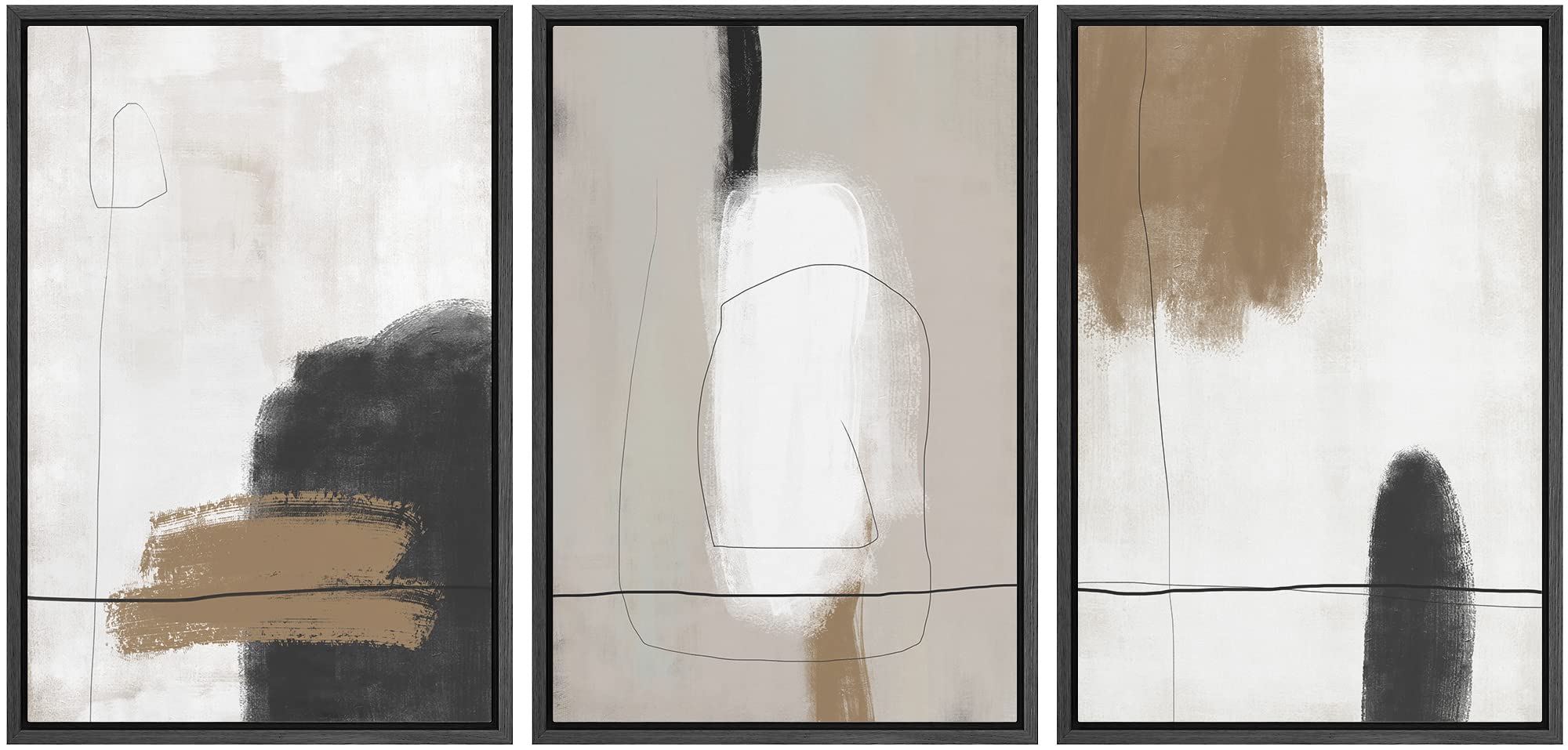 Signford Framed Canvas Print Wall Art Set Grunge Brown White Paint Strokes Abstract Shapes Illustrations Modern Art Bohemian Nor