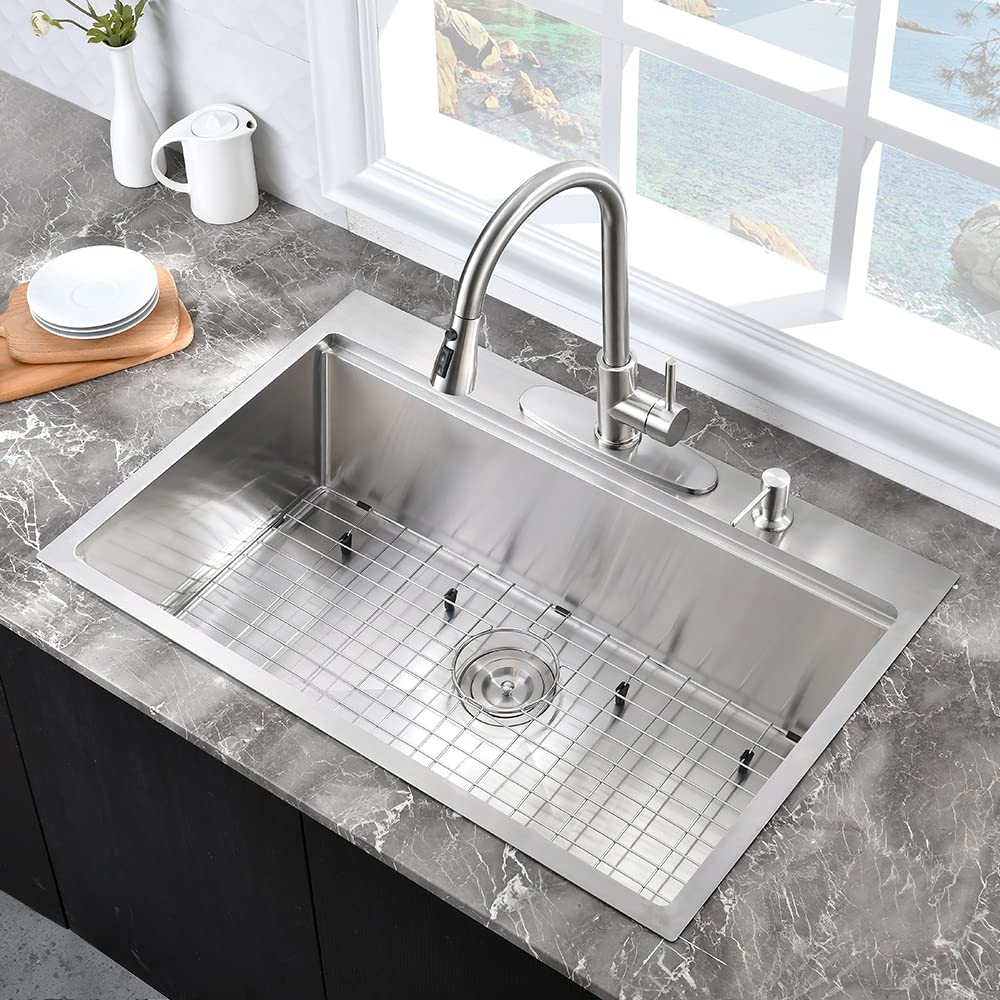 25 Inch Drop In Kitchen Sink Workstation-Hovheir 25X20X10 Stainless Steel Kitchen Sink Drop In Top Mount 16 Gauge Deep Single Bo