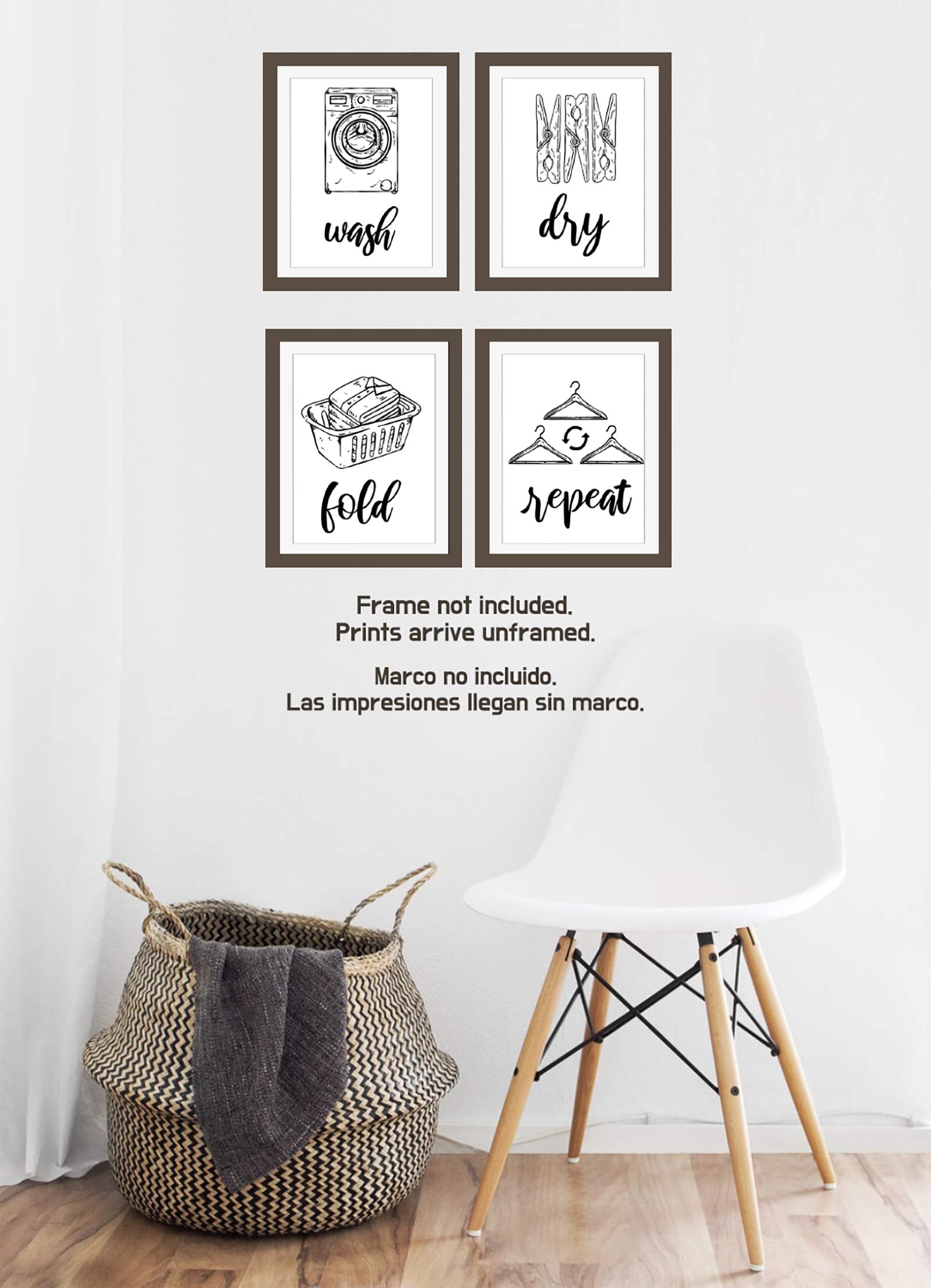 Modern 5th Laundry Room Signs (Set of 4 Unframed - 8 x 10 Inches)  Wash Dry Fold Repeat  Typography Wall Art Decor Prints  Black and White Print Unframed