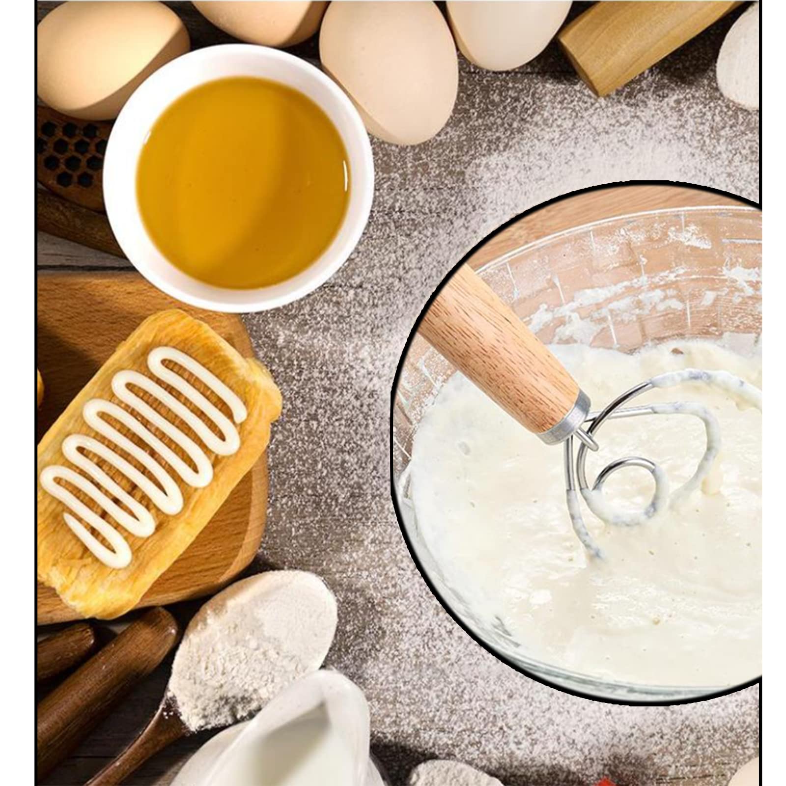 13 Inch Danish Dough Whisk - Large Wooden Danish Whisk For Dough With Stainless Steel Ring - Traditional Dutch Whisk Baking Tool