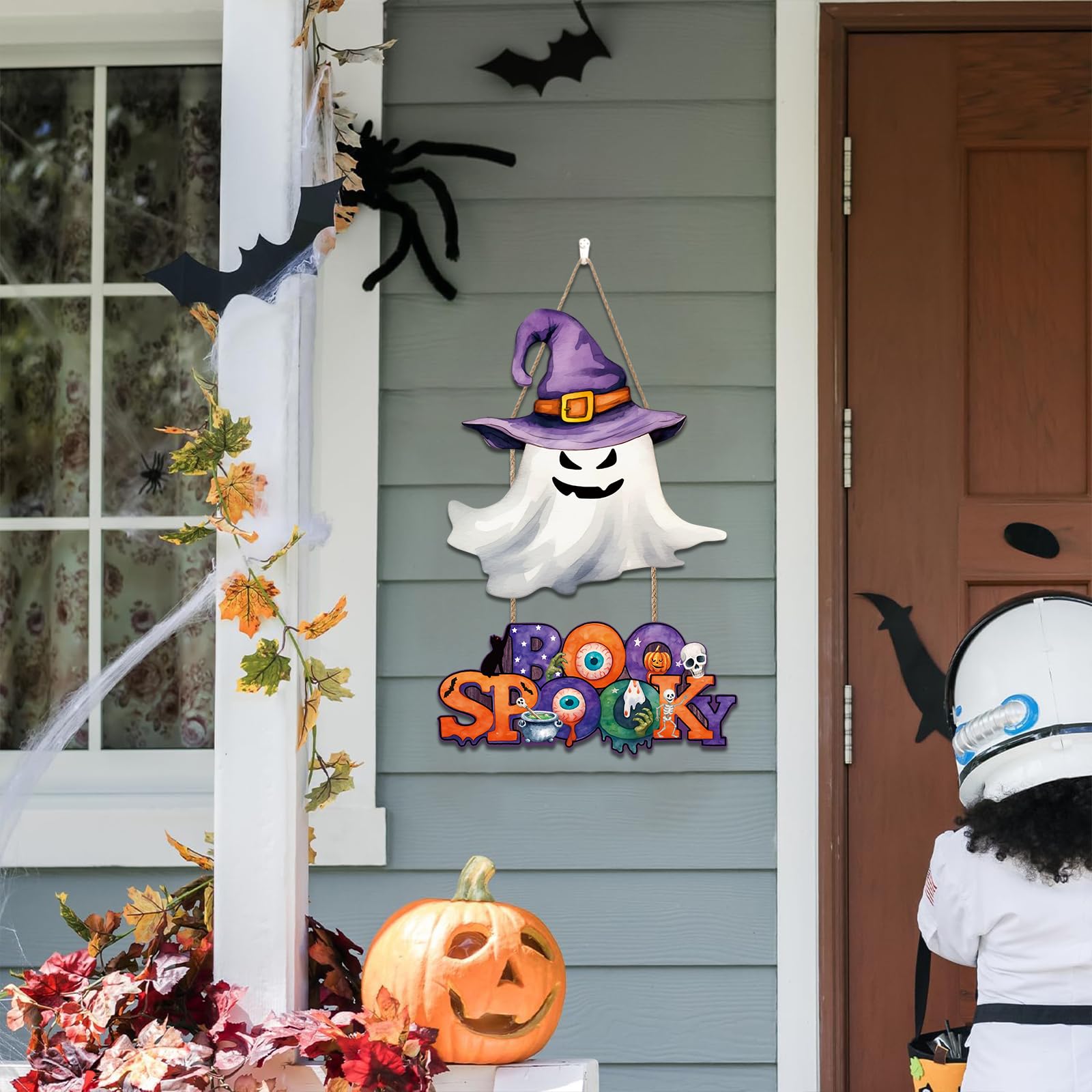 Ausril Happy Halloween Sign,Ghost Door Sign,Spooky Halloween Door Decoration, Boo Ghost Wreath,Black Cat Skull Wall Decor,Scary